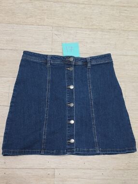 Button-Front Dark Blue Denim A-Line Skirt